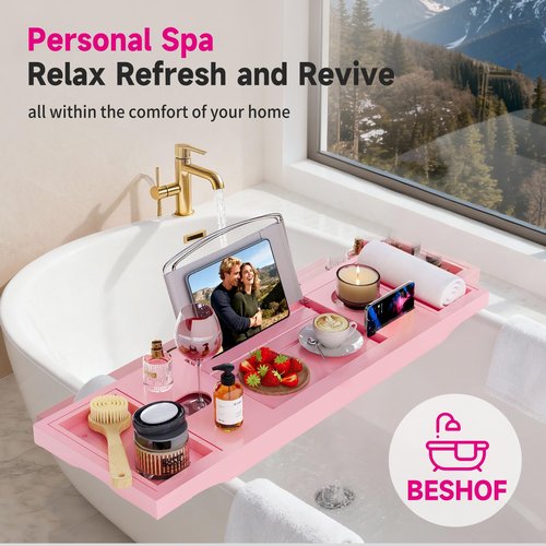Foldable Bathtub Caddy Tray, Bamboo Bath Tub Tray Table for Tub with Wine Glass Holder Book Phone Tablet Holder with Extending Sides, Adjustable Bathroom Bathtub Free Soap Holder Gift Idea (Pink)