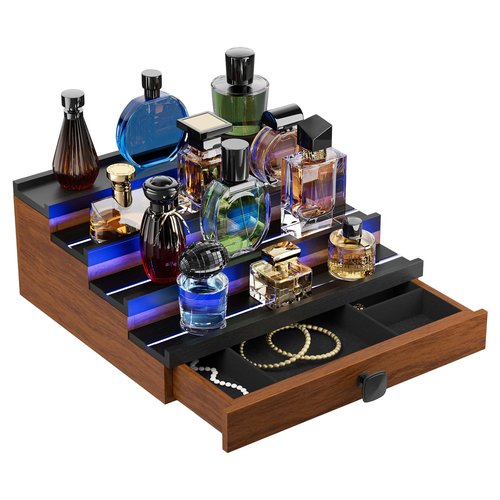 TIRYIUOU Perfume Cologne Organizer for Men: with LED Light 4 Tier Wooden Perfumes Stand, Desktop Parfum Holder Wood Display Shelf with Cabinet, Bedroom Makeup Lotion Jewelry Storage Rack with Drawer