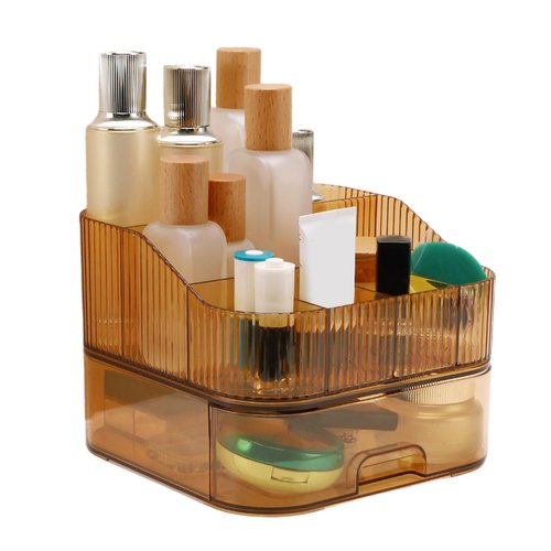 VOCOSTE 1 Set Makeup Organizer with Stackable Drawer, 7 Grids Makeup Organizer for Countertop Vanity, Skincare Organizers Cosmetic Display Cases, Amber Orange
