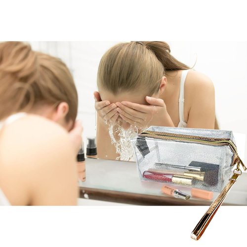 6Pcs Waterproof Cosmetic Bags PVC Transparent Zippered Toiletry Bag with Handle Strap Portable Clear Makeup Bag Pouch for Bathroom, Vacation and Organizing