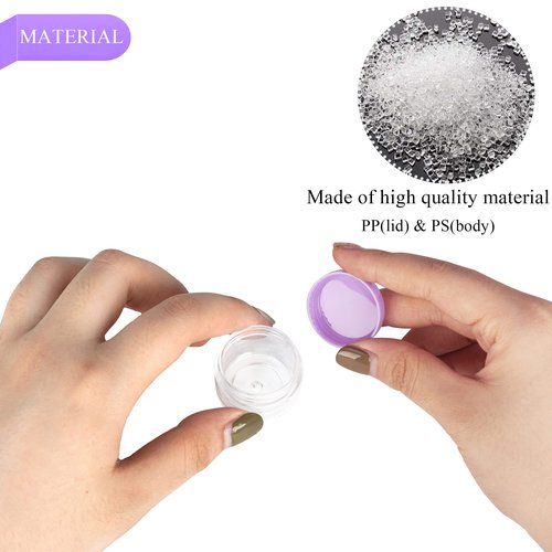 100PCS 5 Gram Sample Containers, 5ml Empty Jars with Lids, Small Cosmetic Containers, Mini Sample Jars with 8PCS Mini Spatulas for Make Up, Oils, Lotion, Powder, Paint, Jewelry, Lip Balms(Purple Lid)