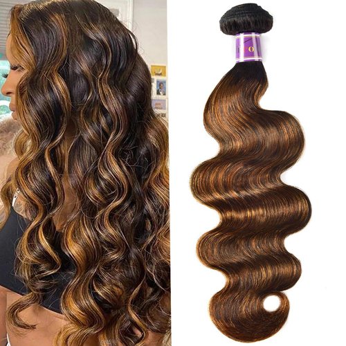 UNice Ombre Brown Highlight Body Wave Human Hair Weave 1 bundle 8 inch, Brazilian Remy Hair Dark Root Blonde Human Hair Weaves Extension Piano Color TFB30