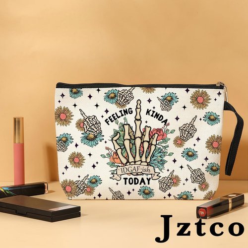 Jztco Skeleton Funny Makeup Bag Skull Gifts for Women Female Her Mom Wife Best Friend Daughter Aunt Niece Humor Sarcastic Toiletry Bag Mothers Day Graduation Birthday Gifts Floral Cosmetic Bag