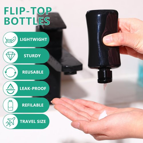 Domensi 3.4 oz Travel Bottles with Flip Cap Black Plastic Travel Size Toiletries Bottles Portable Leak Proof Squeeze Container Refillable Empty Cosmetic Containers for Liquid Shampoo Lotions (36 Pcs)