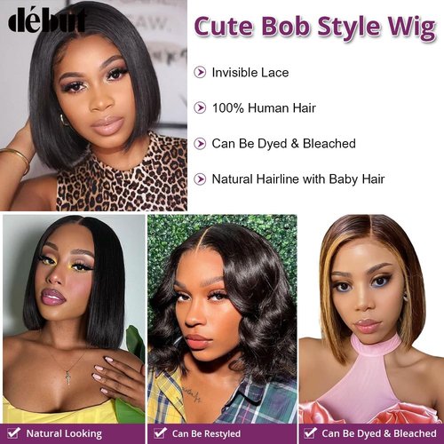 DÉBUT Bob Wig Lace Front Wigs Human Hair Short Bob 10 Inches Middle Part Wigs Brazilian Virgin Straight Hair Natural Color 13x4x1 T Part Wigs for Black Women