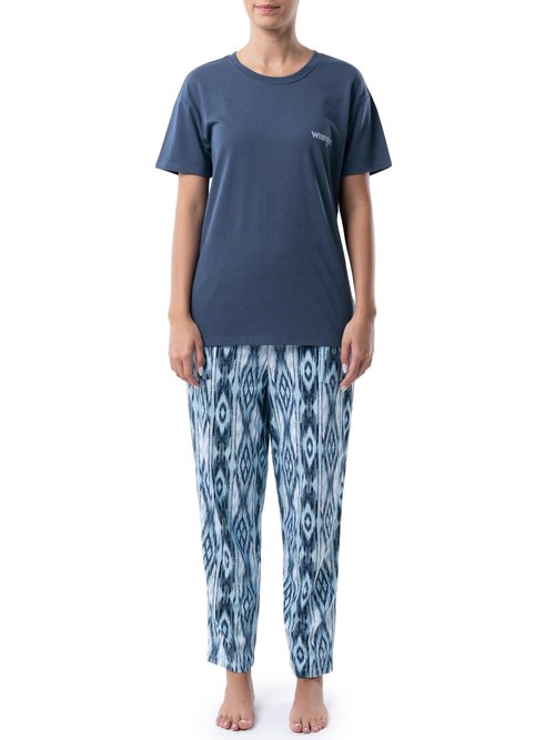 Wrangler Women's Short Sleeve Graphic Tee and Printed Pants Pajama Sleep Set, Dark Denim/Geo, X-Large