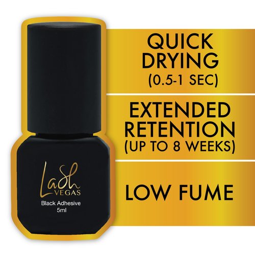 Lash Vegas Black Lash Glue for Eyelash Extensions (5ml) – 0.5-1 Sec Fast Drying Professional Eyelash Extension Glue with 6-7 Week Retention – Oil and Waterproof Eyelash Adhesive