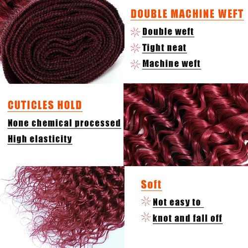 Water Wave Human Hair Bundles 14 16 18 Inch #99J Burgundy Bundles Human Hair Wine Red 12A Unprocessed Native Virgin Hair 50G Per Bundle 3 Extensions Wet and Wavy Weave for Women
