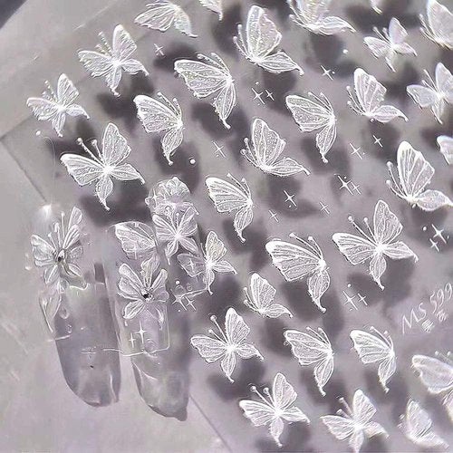 Aurora Shell Butterfly Nail Stickers White Butterflies Nail Art Stickers Jelly Relief Butterfly Stickers Nail Decals Y2K Butterfly Sticker Nails Nail Design Nail Accessories for Nail Art Supplies
