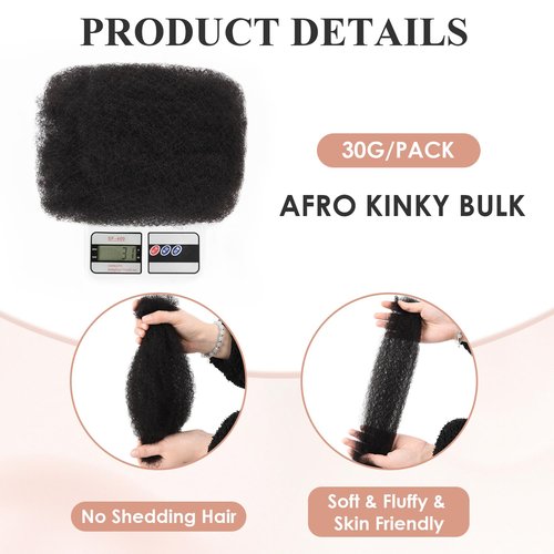 Teresa Afro Kinkys Bulk Human Hair For Twists, Afro Kinky-Curly Human Hair Bulk For Dreadlocks Extensions,Bulk Human Braiding Hair Afro Kinky Twist Extensions Natural And Soft(12 Inch, 30g/Pack)