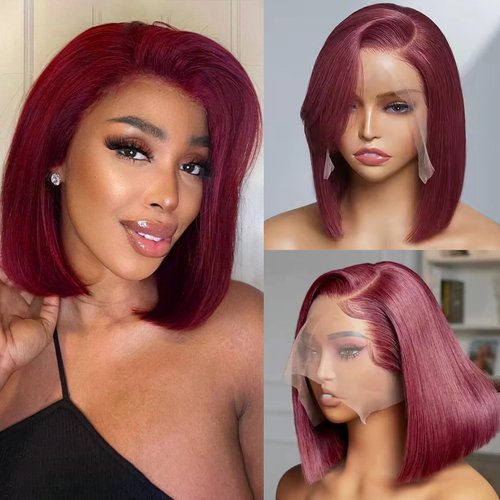 Belaved 13X4 HD Transparent 99J Burgundy Bob Lace Front Wigs Human Hair Straight Glueless Bob Wig Human Hair 14 Inch Pre Plucked Pre Cut Bob Lace Frontal Wigs with Natural Hairline for Black Women