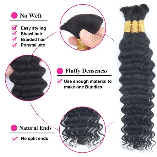 Human Braiding Hair for Boho Braids 110g 20 Inch 12A Curly Boho Hair for Braiding Knotless Deep Wave Bulk Wet and Wavy Bohemian No Weft 3 Bundles/Pack Natural Black