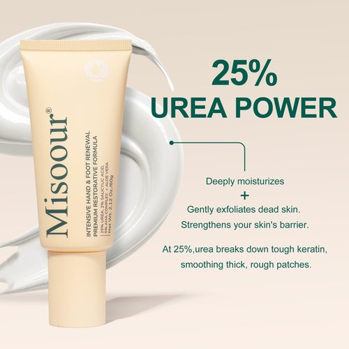 Misoour 25% Urea Cream with 2% Salicylic Acid & 5% AHA + Aloe Vera, Moisturizer for Dry, Rough Skin, Helps Soften Cracked Heels, Elbows, Hands, Non-Greasy Formula (2.12 oz Tube)