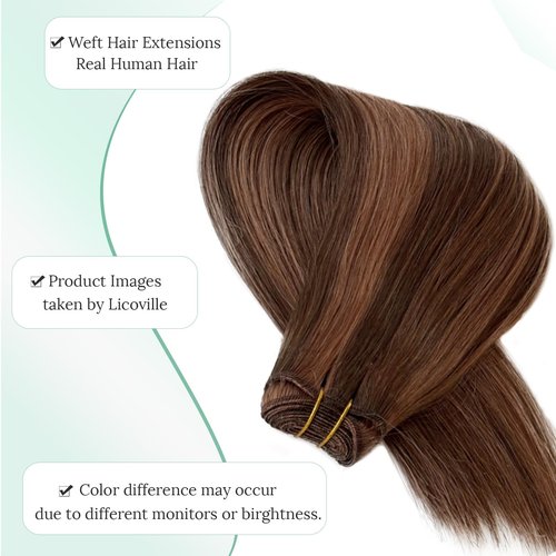 Weft Hair Extensions Medium Brown with Auburn Human Hair Sew in Extensions 14 Inch 80G Thick Ends Double Weft Brown Balayage Hair Extensions Real Human Hair Sew in Hand Tied Real Hair Wefts