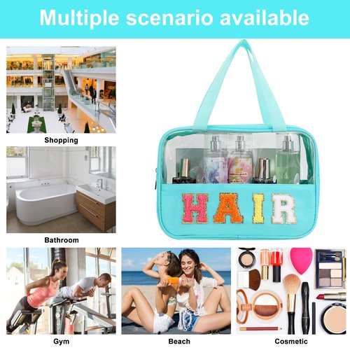 Chenille Letter Patch Clear Bag,Preppy Multi-purpose PVC&Nylon Clear Makeup Bag with Handles,Large Travel Makeup Toiletry Storage Zipper Pouch, Tote Bag for Women (Mint-HAIR)
