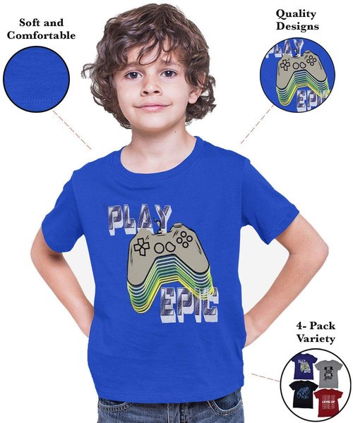 BROOKLYN VERTICAL 4-Pack Boys Short Sleeve Crew Neck T-Shirt with Chest Print | Soft Cotton Sizes 6-20 (Combo D, M-10/12)