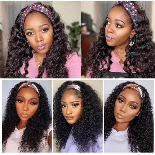 mmiQus Headband Wig Human Hair Water Wave None Lace Front Glueless Curly Wig With Pre-Attached Scarf For Black Women Put And Go Wig Natural Beginner-Friendly 14 Inch
