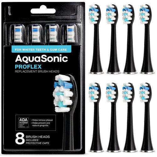 AquaSonic Proflex Replacement Brush Heads | ADA Accepted | for Whiter Teeth & Gum Care | Compatible with Many AquaSonic Toothbrush Handles (8 Pack Black)
