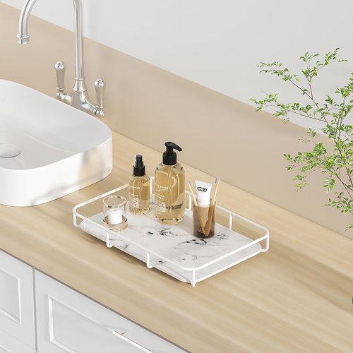Bathroom Organizer Countertop Perfume Organizer Makeup Organizer Cosmetics Storage Display Rack Vanity Tray Dresser Stainless Steel Gold Shelf White Marble Ceramic Tray