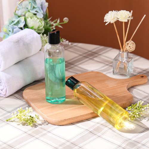 Nuenen 24 Pieces Plastic Empty Bottles Clear Squeeze Travel Containers with Black Disc Cap Refillable Shampoo Travel Bottles for Toiletries Lotion Container for Body Soap Cream(8 oz)