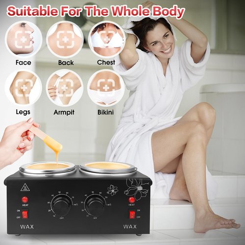 Wax Warmer for Hair Removal, Professional Waxing Heater Pot with Adjustable Temperature for Women Men, with 20 Wooden Wax Sticks (Black-Double Pots)