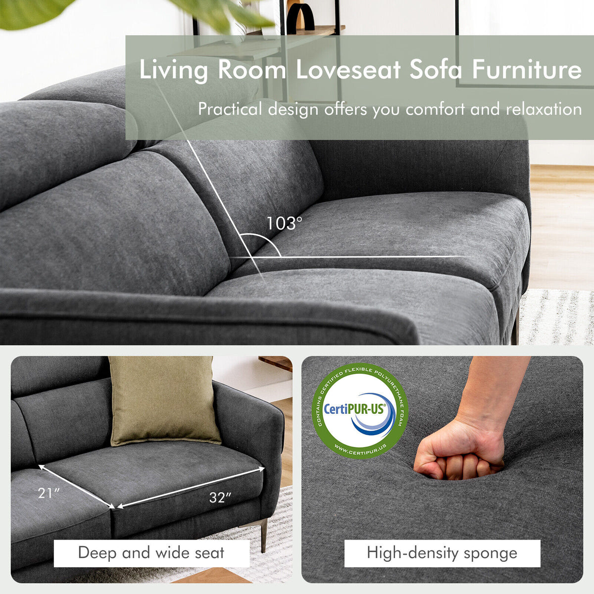 72.5 Inch Modern Fabric Loveseat Sofa with Adjustable Headrest – Gray