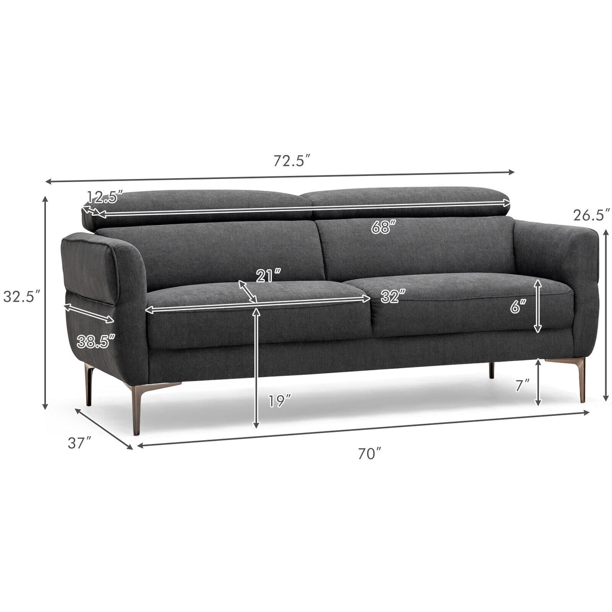 72.5 Inch Modern Fabric Loveseat Sofa with Adjustable Headrest – Gray