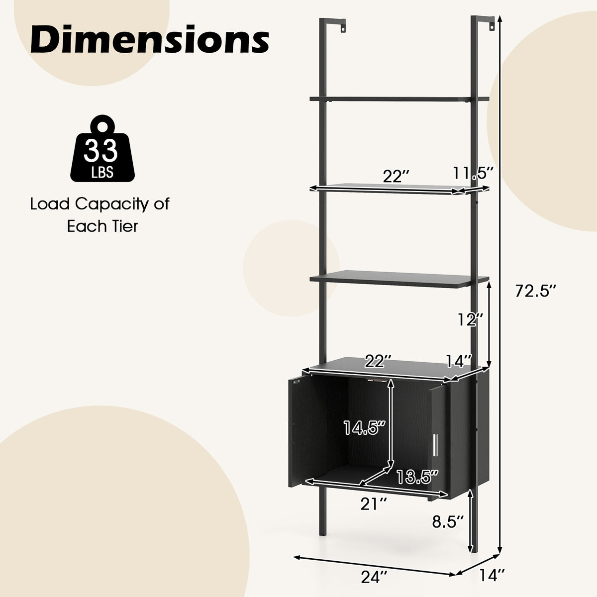 72.5 Inch Tall Bookshelf with Cabinet Anti-Tipping Kits and Metal