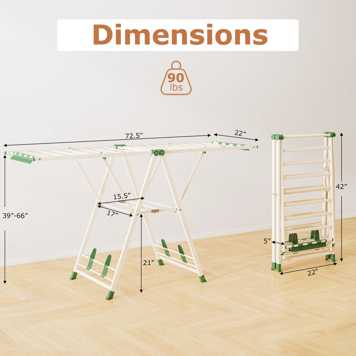 72.5 Inch Clothes Drying Rack with Adjustable Wings - Beige