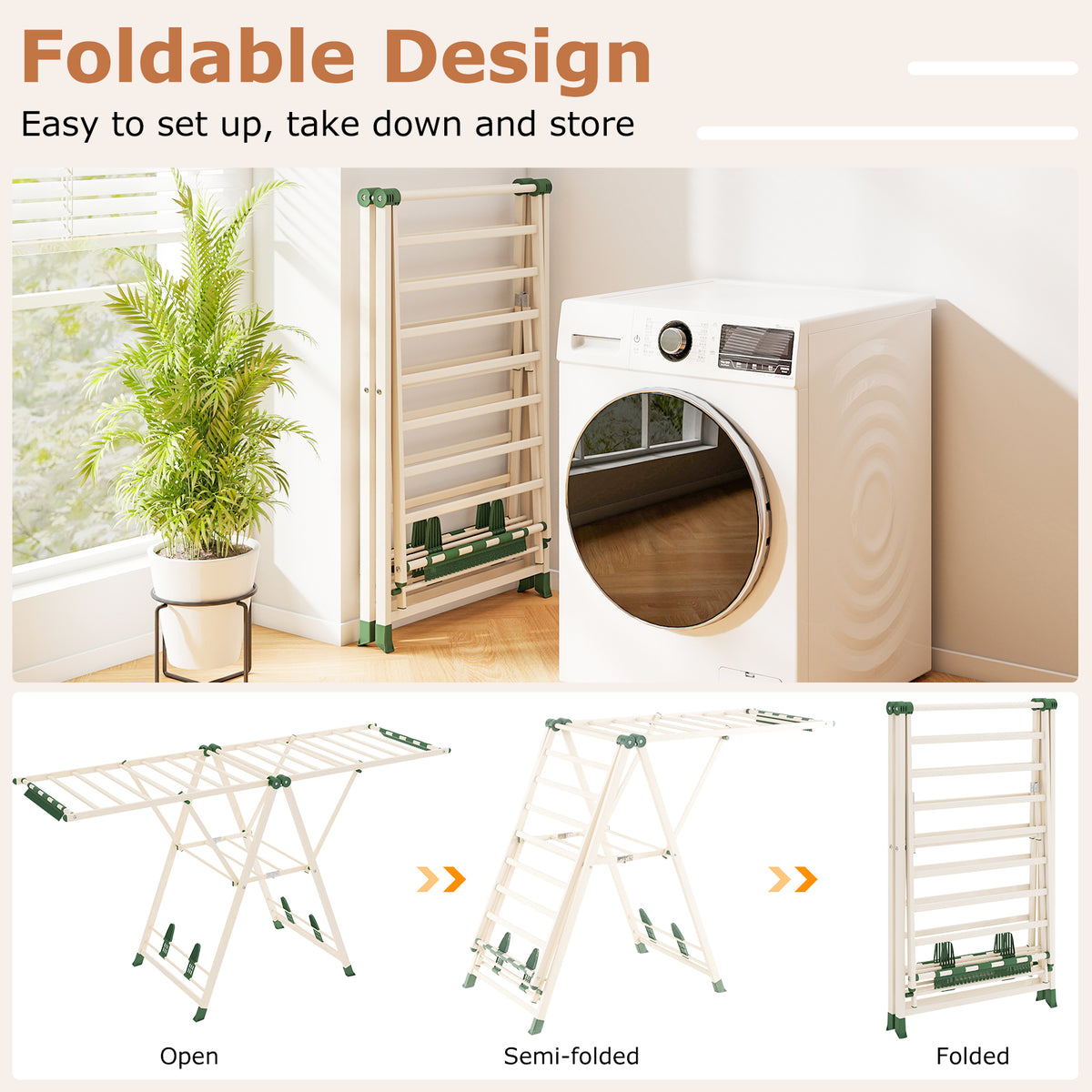 72.5 Inch Clothes Drying Rack with Adjustable Wings - Beige