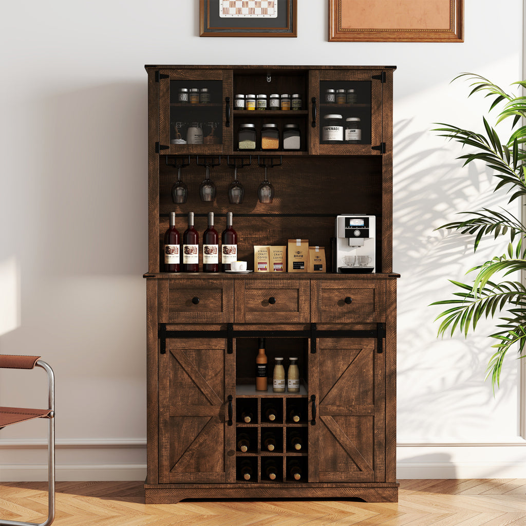 72 Inch Coffee Bar Cabinet with Sliding Barn Doors - Brown