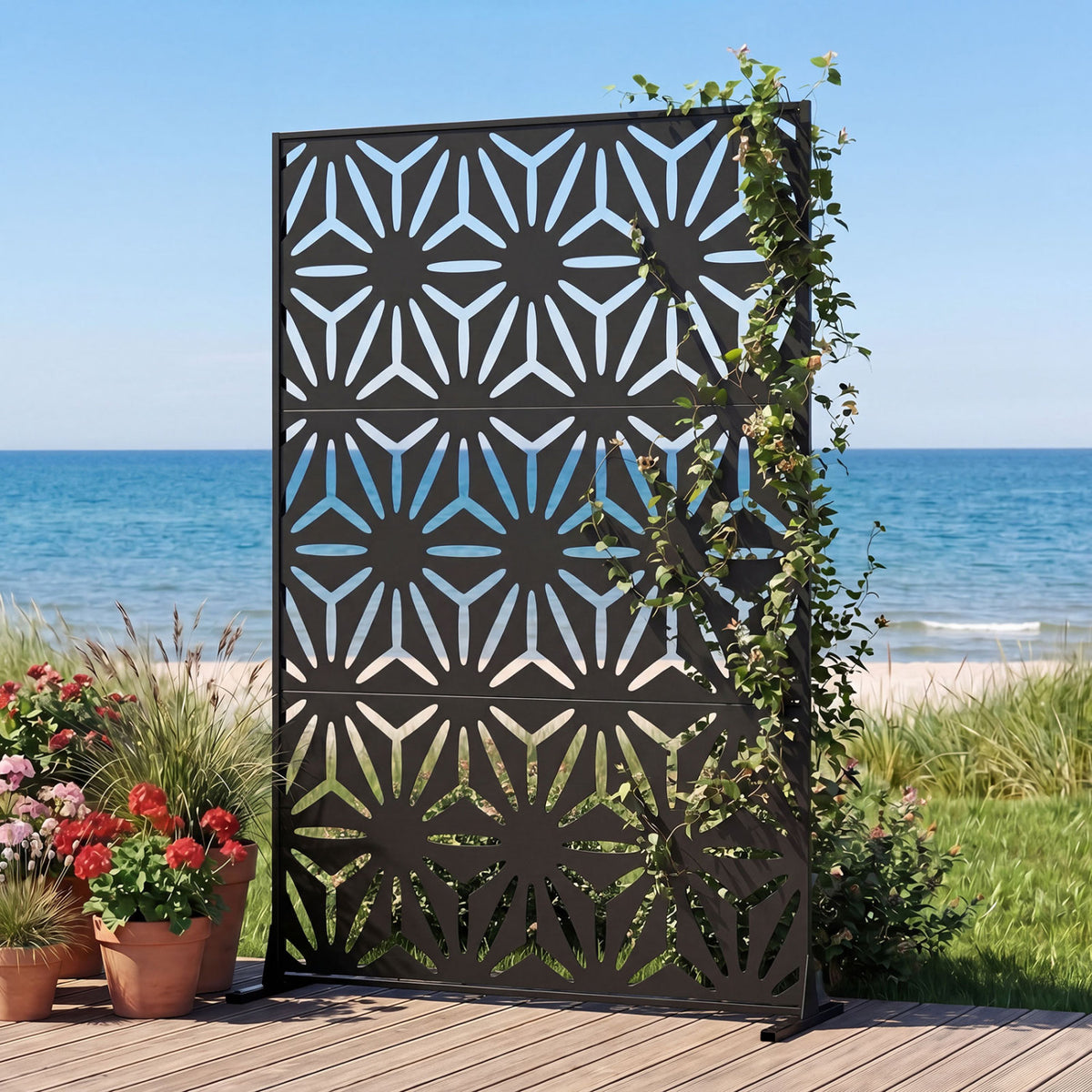 Black Freestanding Fence Panel 72x48 Inches with Stand & Expansion Bolts