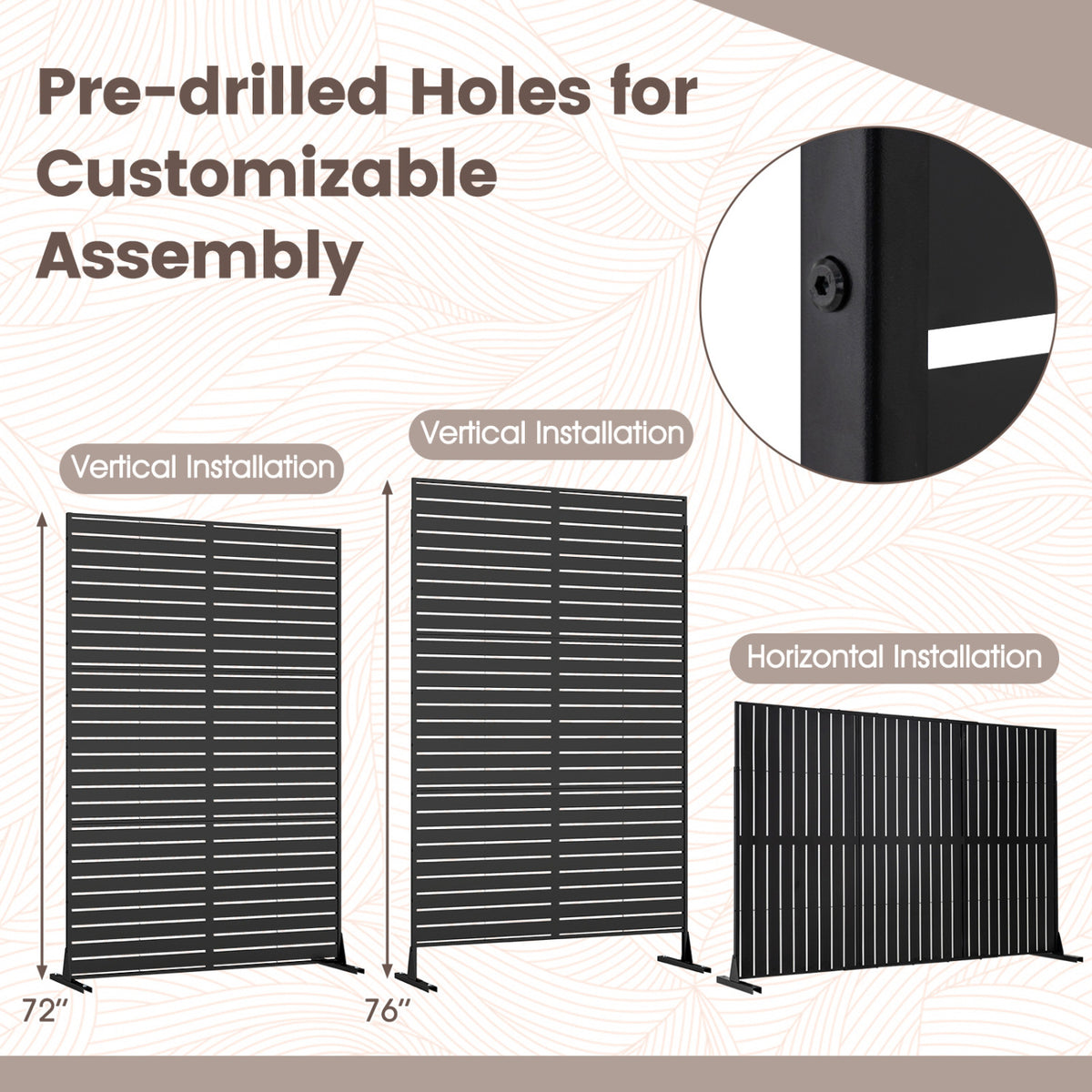 72 Inch Outdoor Decorative Privacy Screen with Stand - Black