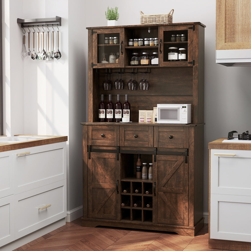 72 Inch Coffee Bar Cabinet with Sliding Barn Doors - Brown
