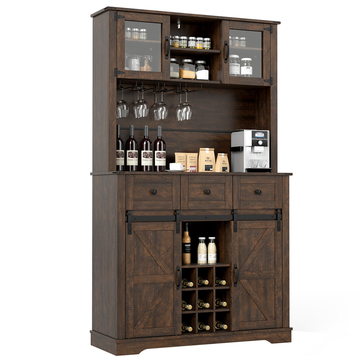 72 Inch Coffee Bar Cabinet with Sliding Barn Doors - Brown