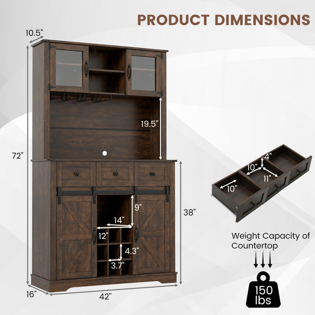 72 Inch Coffee Bar Cabinet with Sliding Barn Doors - Brown