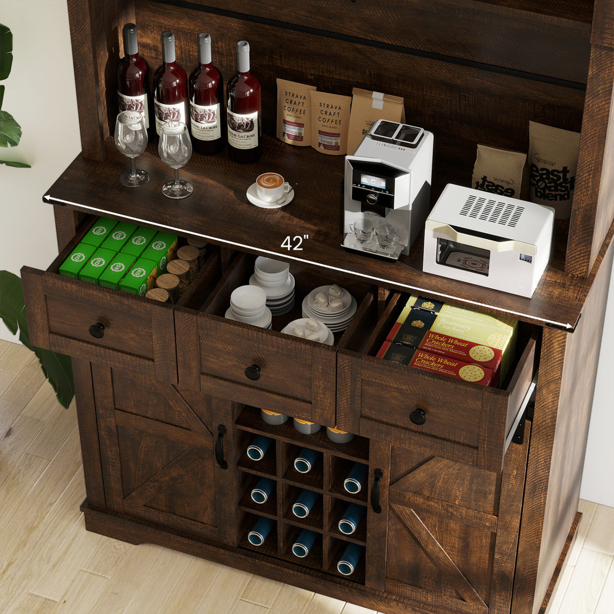 72 Inch Coffee Bar Cabinet with Sliding Barn Doors - Brown