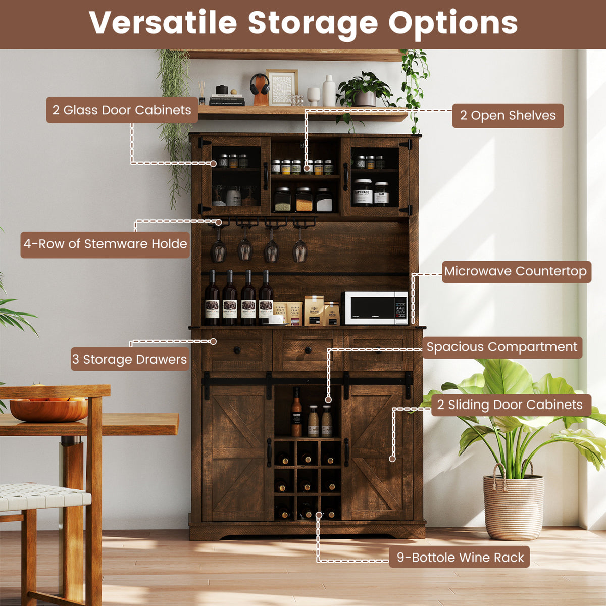 72 Inch Coffee Bar Cabinet with Sliding Barn Doors - Brown