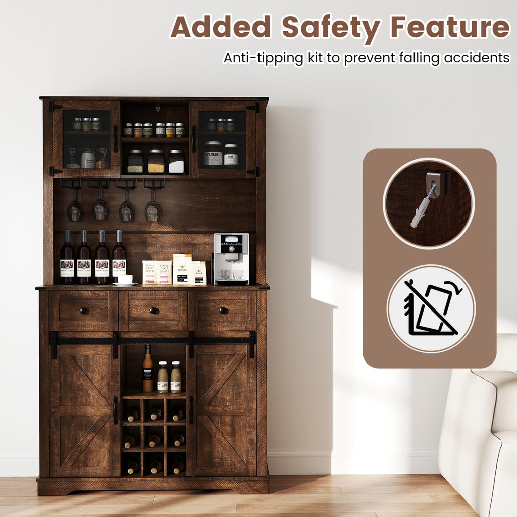 72 Inch Coffee Bar Cabinet with Sliding Barn Doors - Brown