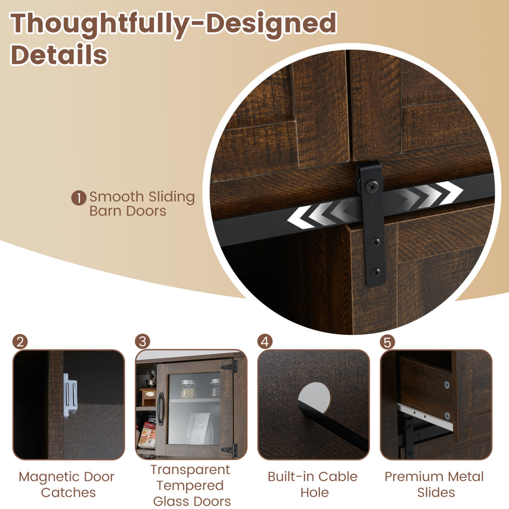 72 Inch Coffee Bar Cabinet with Sliding Barn Doors - Brown