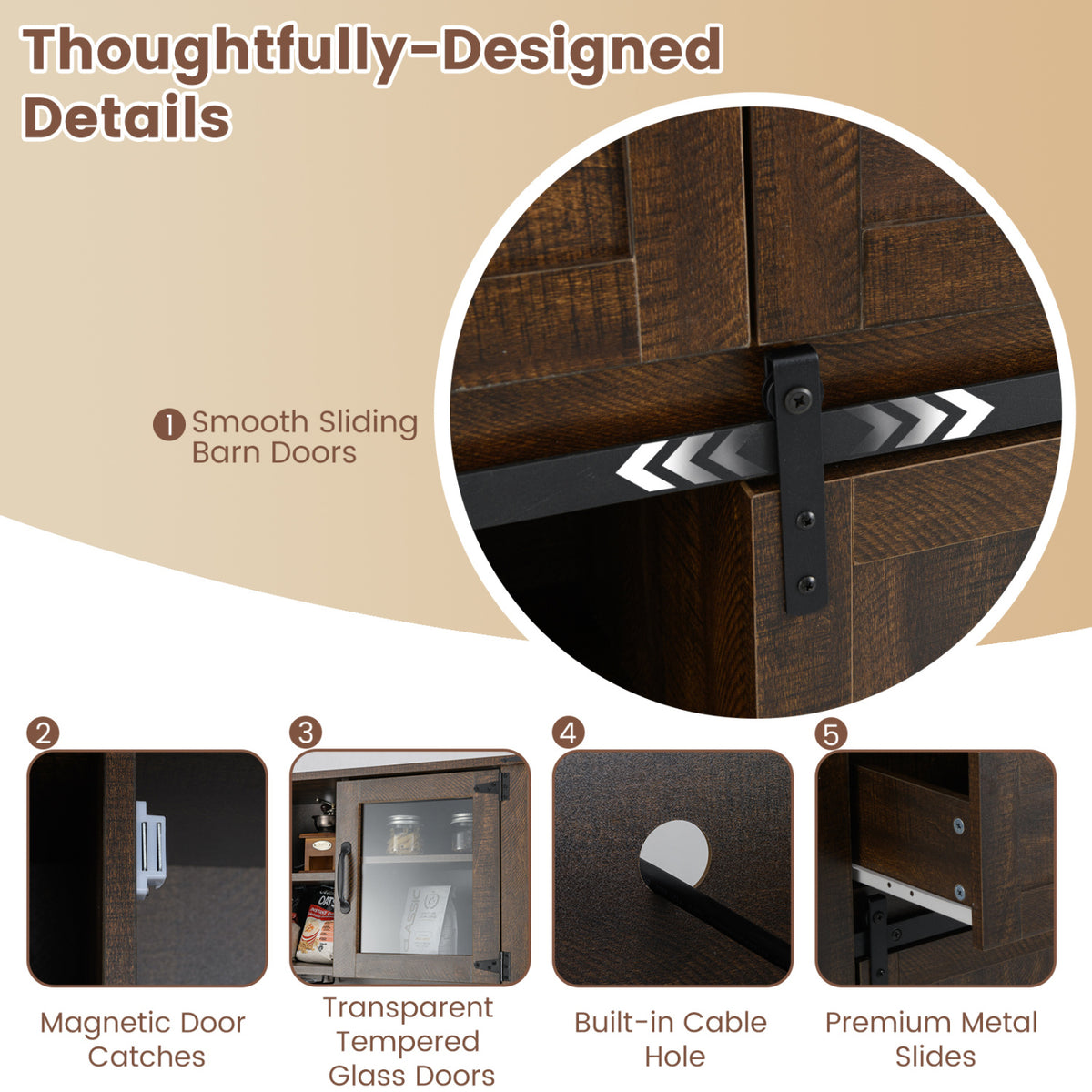 72 Inch Coffee Bar Cabinet with Sliding Barn Doors - Brown