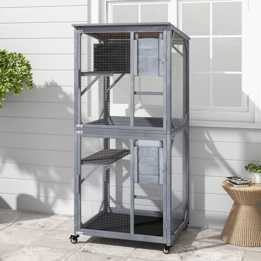 72-Inch Wooden Cat House with Weatherproof Asphalt Roof & 2 Platforms with Wheels - Gray