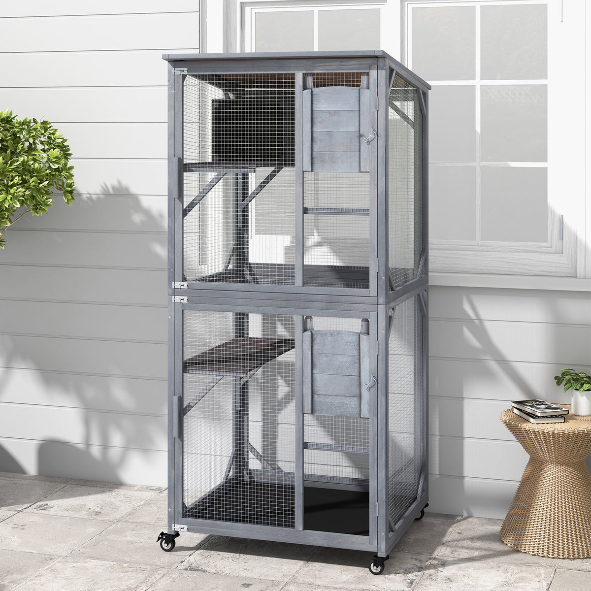 72-Inch Wooden Cat House with Weatherproof Asphalt Roof & 2 Platforms with Wheels - Gray