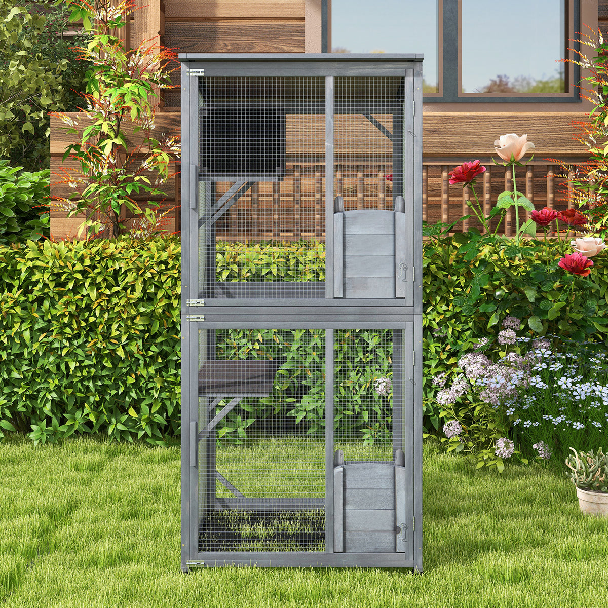 72-Inch Wooden Cat House with Weatherproof Asphalt Roof & 2 Platforms with Wheels - Gray