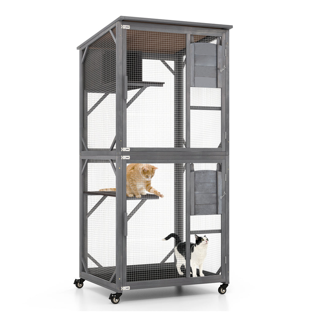 72-Inch Wooden Cat House with Weatherproof Asphalt Roof & 2 Platforms with Wheels - Gray