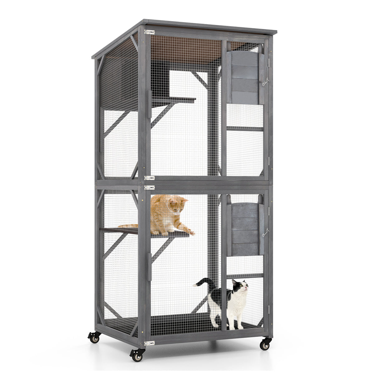 72-Inch Wooden Cat House with Weatherproof Asphalt Roof & 2 Platforms with Wheels - Gray