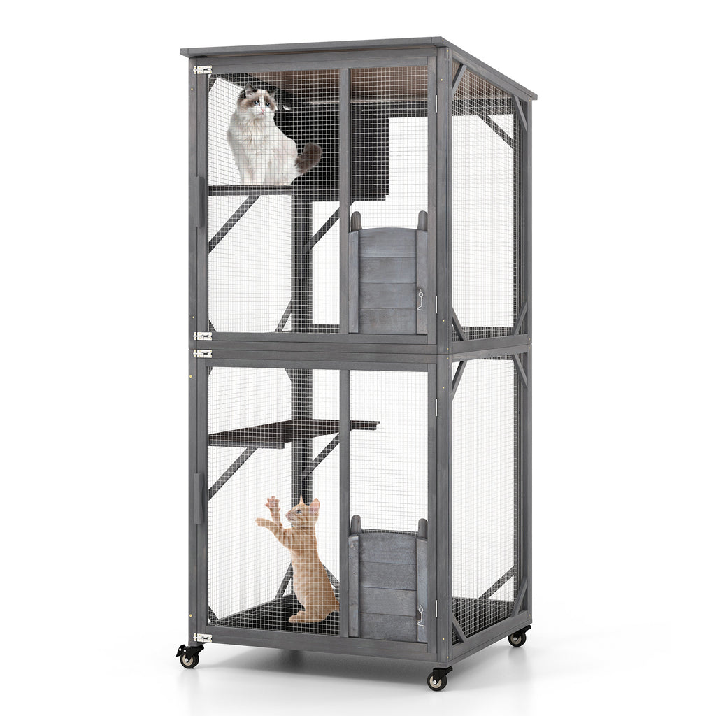 72-Inch Wooden Cat House with Weatherproof Asphalt Roof & 2 Platforms with Wheels - Gray