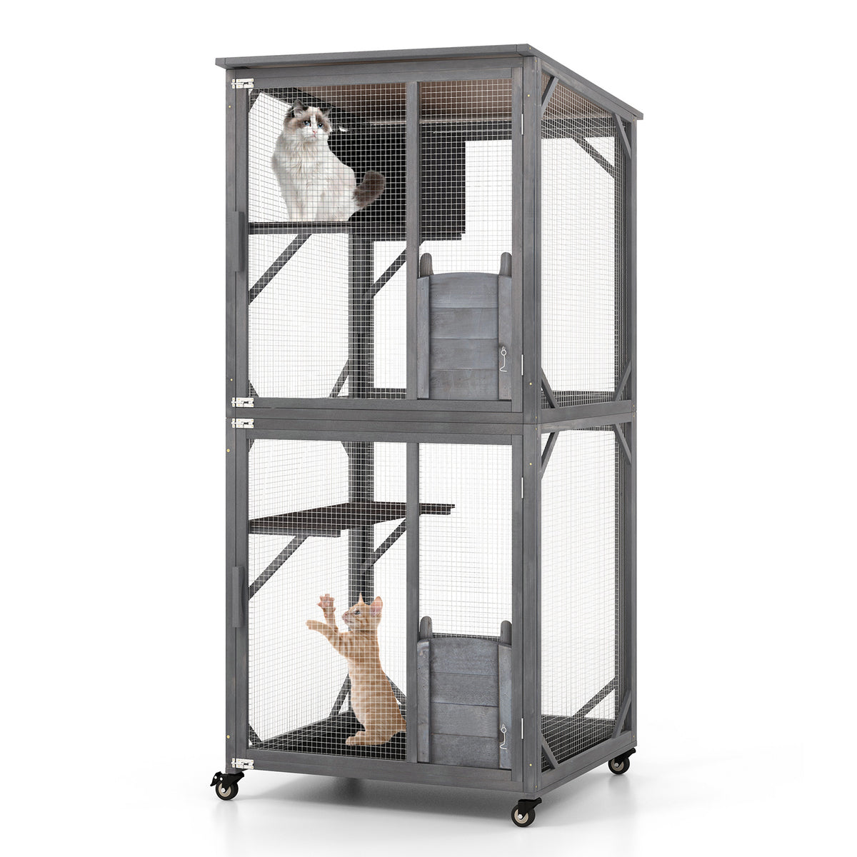 72-Inch Wooden Cat House with Weatherproof Asphalt Roof & 2 Platforms with Wheels - Gray