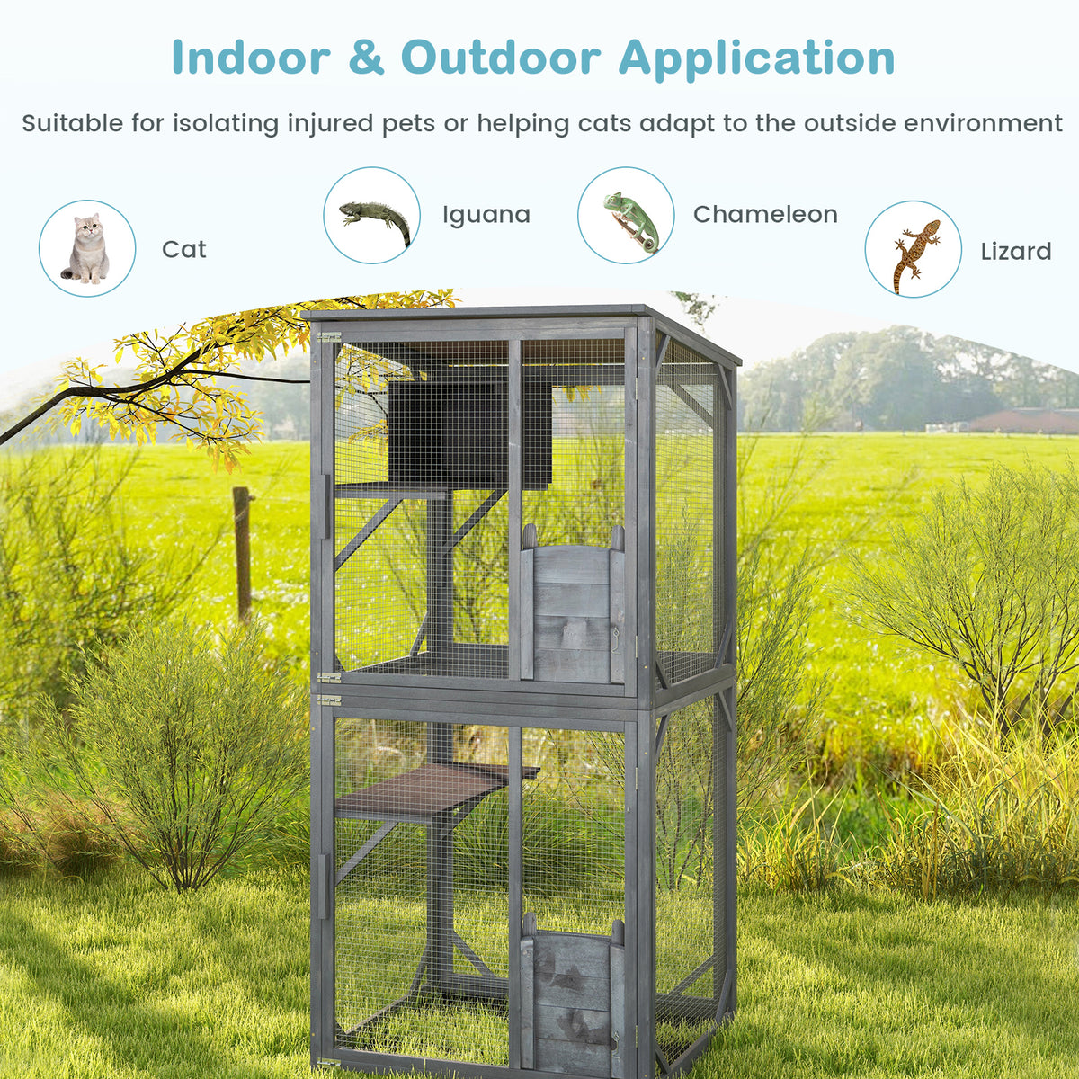 72-Inch Wooden Cat House with Weatherproof Asphalt Roof & 2 Platforms with Wheels - Gray