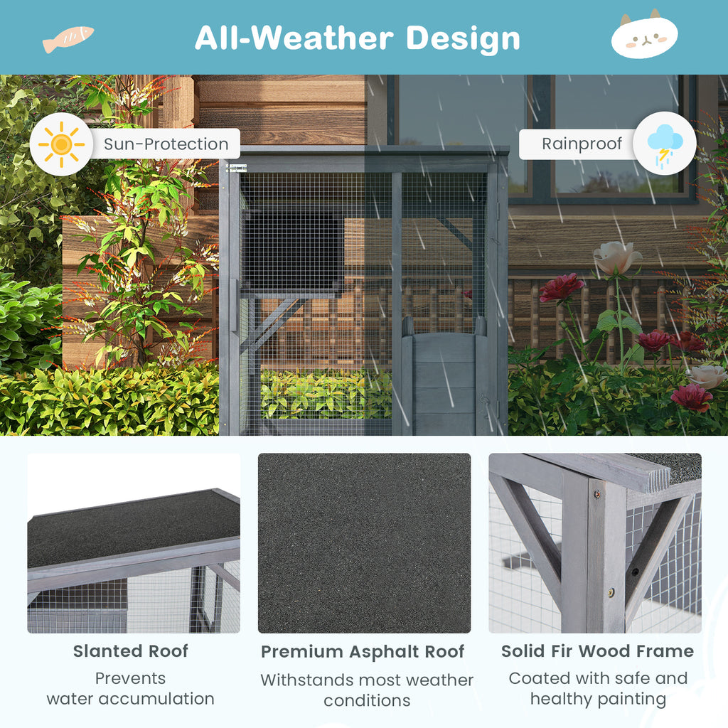 72-Inch Wooden Cat House with Weatherproof Asphalt Roof & 2 Platforms with Wheels - Gray
